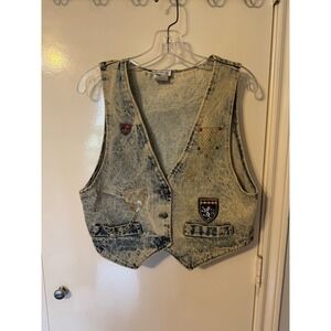 Acid washed 90s Enchante vintage denim blue jean vest with patches size medium